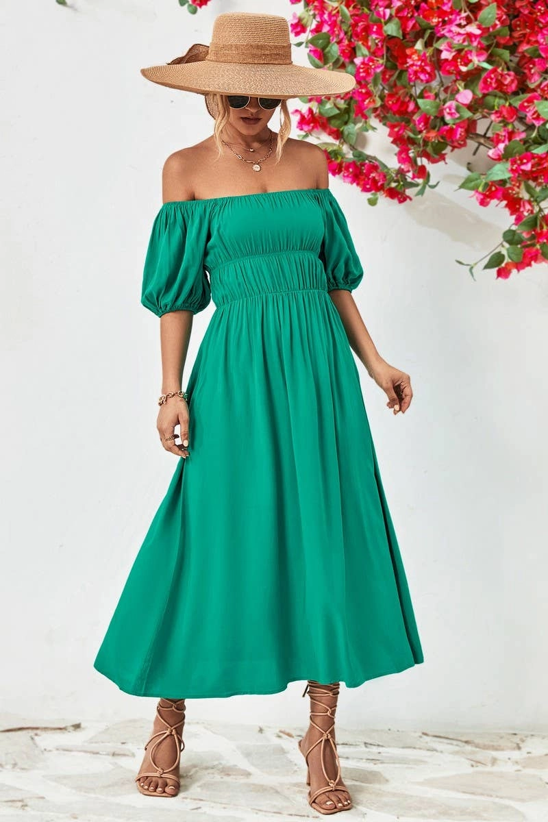 Hidden-Pocket Cafe Vibe A STRAIGHT SHOULDER SHORT SLEEVE LONG DRESS_CWDMD1212