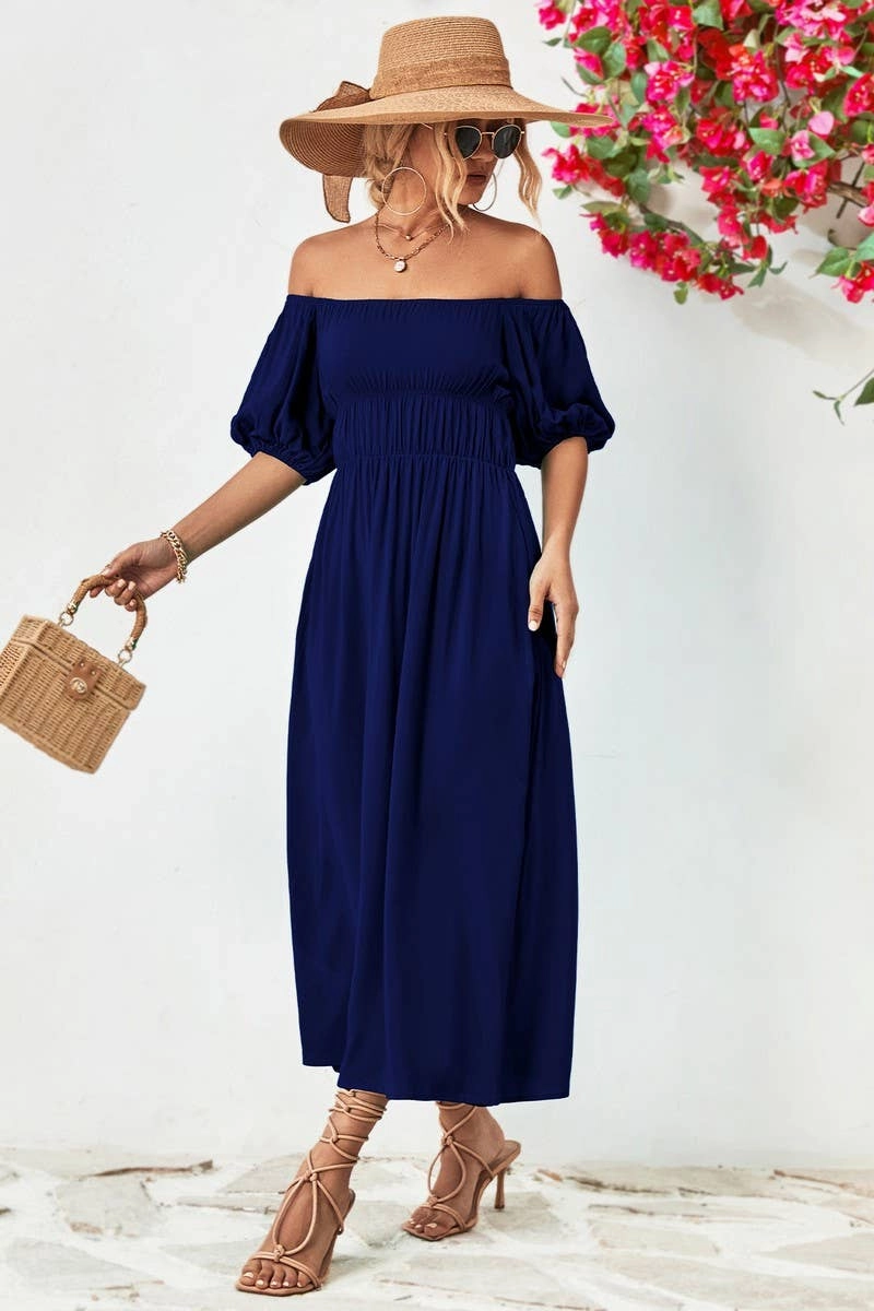 A STRAIGHT SHOULDER SHORT SLEEVE LONG DRESS_CWDMD1212 Glossy Fabric Simple Elegance
