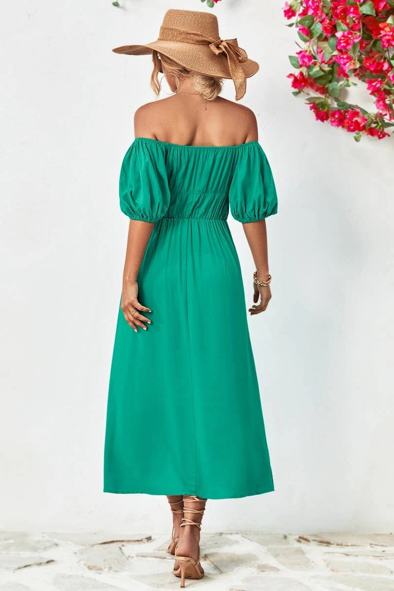 Clean Mood A STRAIGHT SHOULDER SHORT SLEEVE LONG DRESS_CWDMD1212