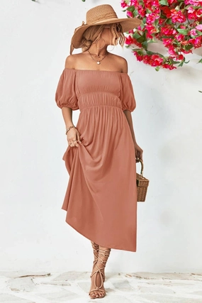 A STRAIGHT SHOULDER SHORT SLEEVE LONG DRESS_CWDMD1212 Fashionable Style