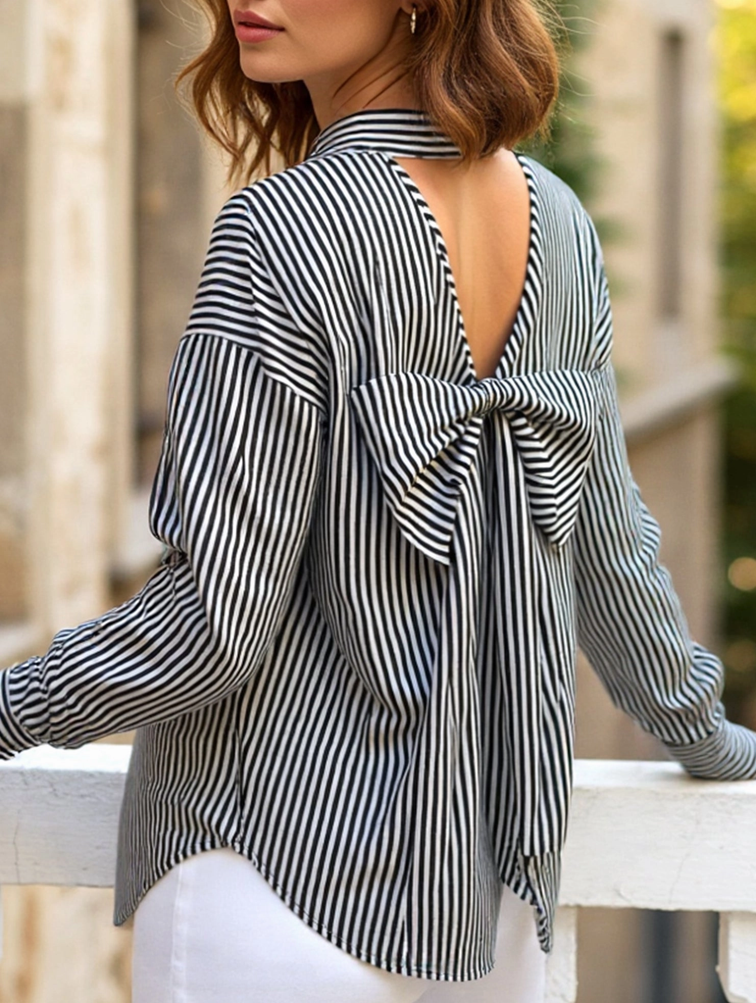 A striped printed long-sleeved shirt with a bow Biodegradable Fiber Easycare