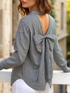 Quick Release Fasteners AntiPilling Finish A striped printed long-sleeved shirt with a bow