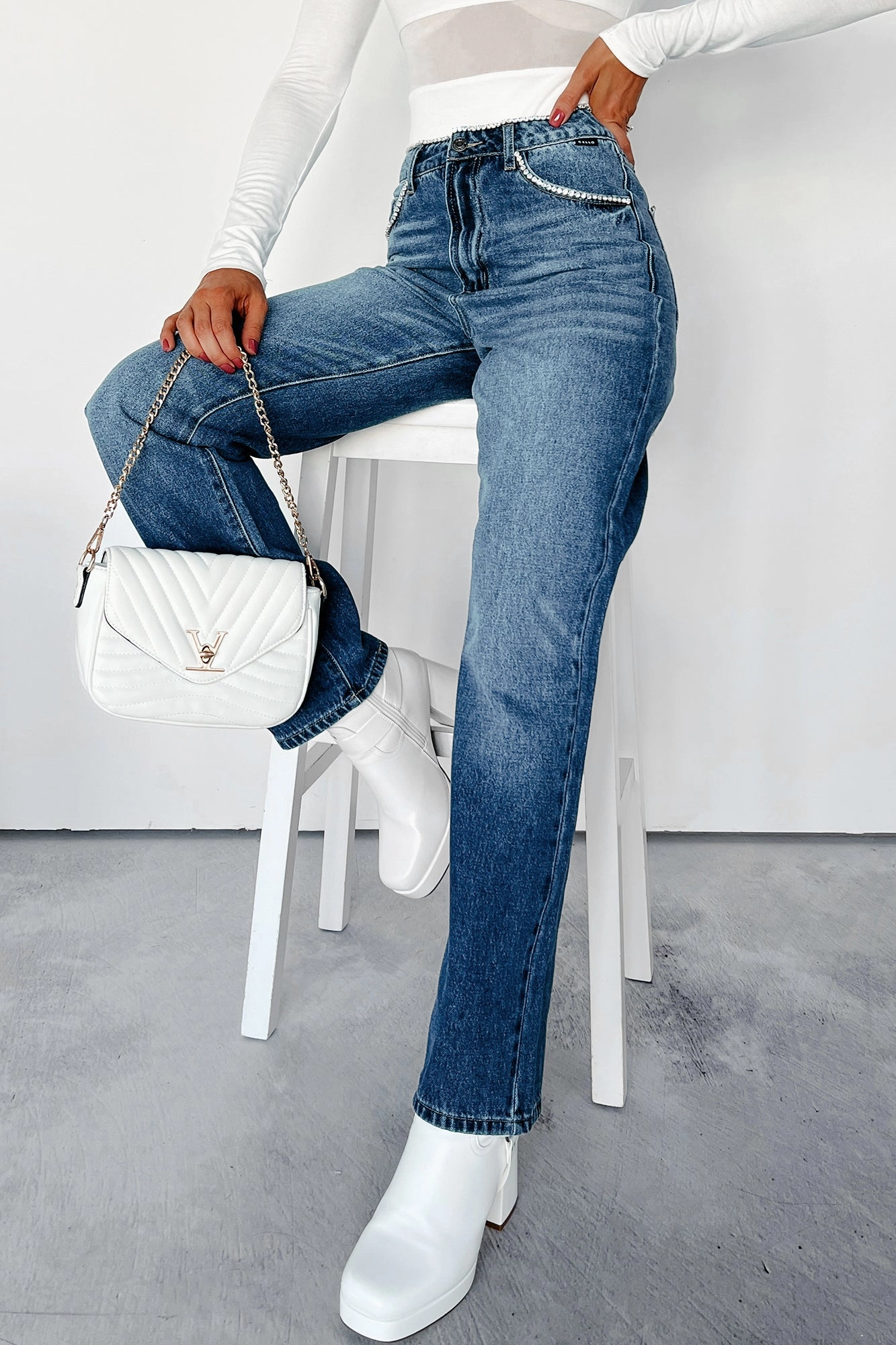 All Purpose Wear Danson Rhinestone Embellished Cello Dad Jeans (Dark)