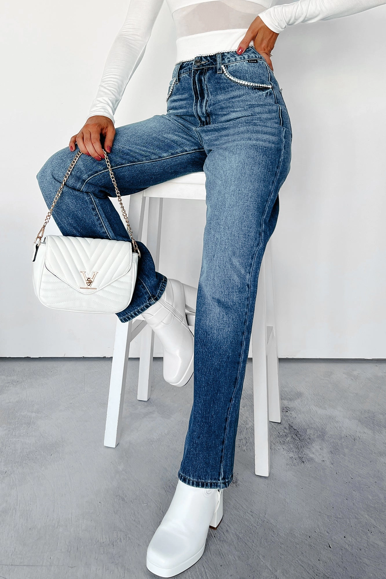 Danson Rhinestone Embellished Cello Dad Jeans (Dark) Core Cut Practical Look