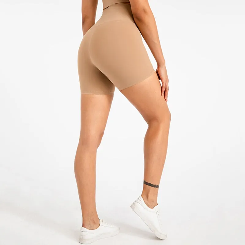 ABS LOLI 5&#39;&#39; Naked Feel Biker Shorts Women Cross Waist Gym Workout Athletic Shorts No Front Seam Fitness Running Sports Shorts