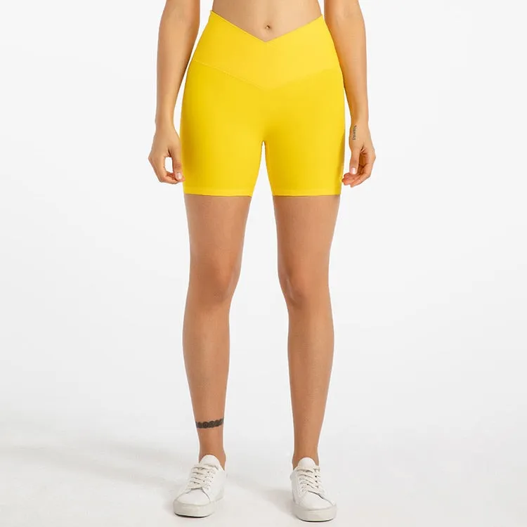 ABS LOLI 5&#39;&#39; Naked Feel Biker Shorts Women Cross Waist Gym Workout Athletic Shorts No Front Seam Fitness Running Sports Shorts