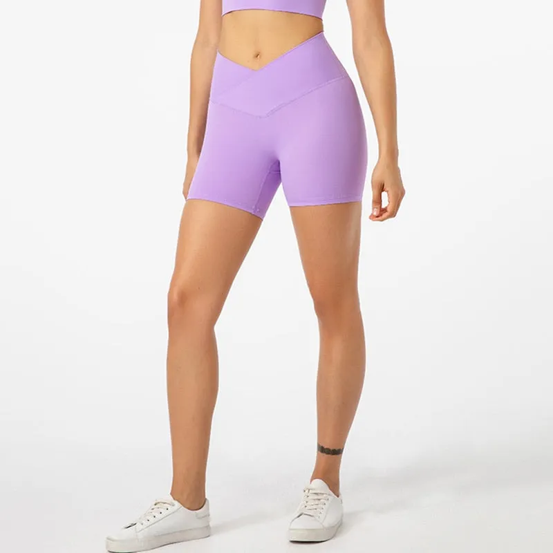 ABS LOLI 5&#39;&#39; Naked Feel Biker Shorts Women Cross Waist Gym Workout Athletic Shorts No Front Seam Fitness Running Sports Shorts