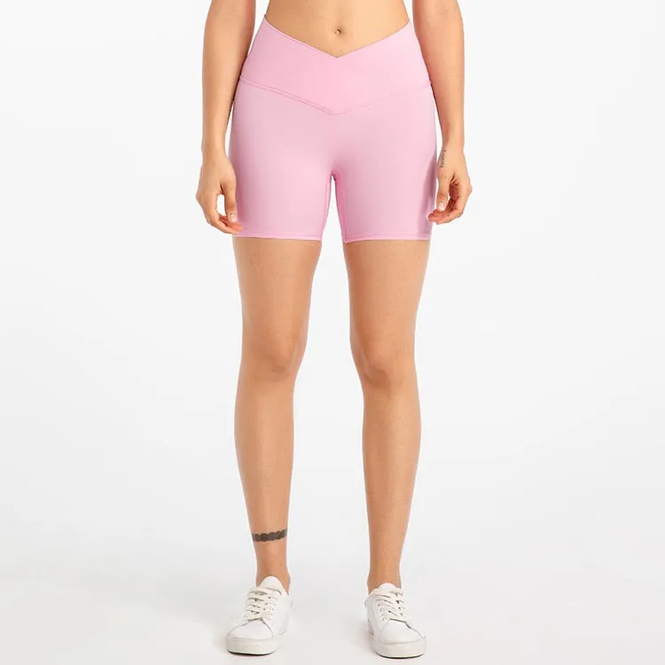 ABS LOLI 5&#39;&#39; Naked Feel Biker Shorts Women Cross Waist Gym Workout Athletic Shorts No Front Seam Fitness Running Sports Shorts