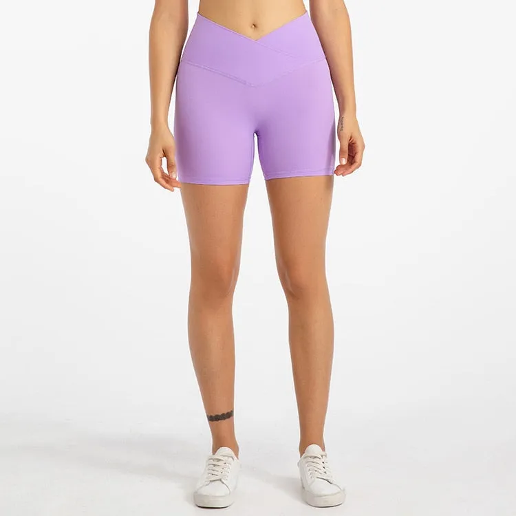 ABS LOLI 5&#39;&#39; Naked Feel Biker Shorts Women Cross Waist Gym Workout Athletic Shorts No Front Seam Fitness Running Sports Shorts