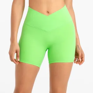 ABS LOLI 5&#39;&#39; Naked Feel Biker Shorts Women Cross Waist Gym Workout Athletic Shorts No Front Seam Fitness Running Sports Shorts