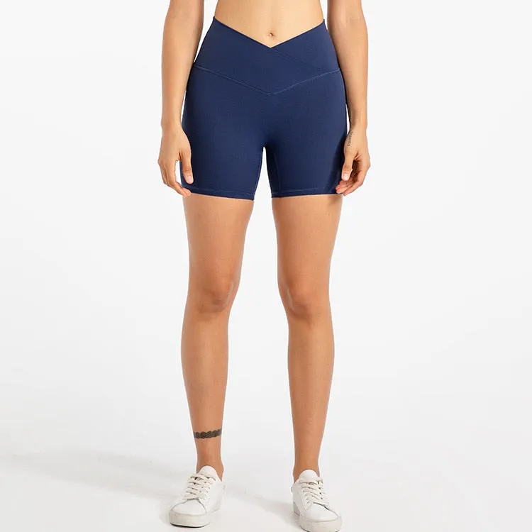 ABS LOLI 5&#39;&#39; Naked Feel Biker Shorts Women Cross Waist Gym Workout Athletic Shorts No Front Seam Fitness Running Sports Shorts