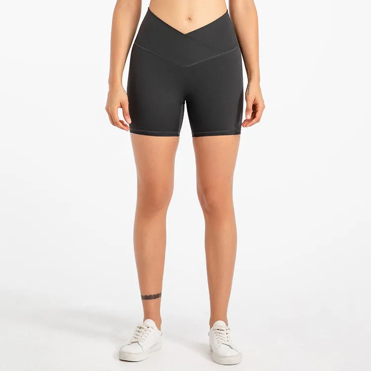 ABS LOLI 5&#39;&#39; Naked Feel Biker Shorts Women Cross Waist Gym Workout Athletic Shorts No Front Seam Fitness Running Sports Shorts
