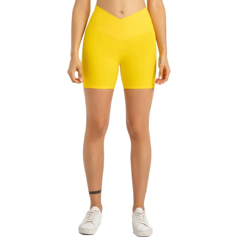 ABS LOLI 5&#39;&#39; Naked Feel Biker Shorts Women Cross Waist Gym Workout Athletic Shorts No Front Seam Fitness Running Sports Shorts