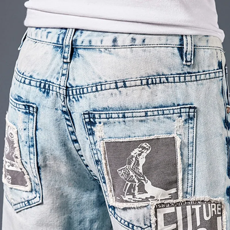 Abstract Patterned Patchwork Slim Straight Jeans