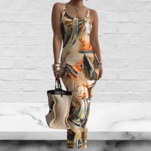 Abstract Printed U Neck Sleeveless Maxi Dress
