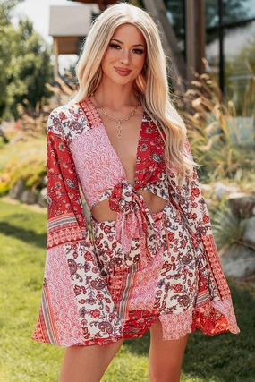 Accidentally In Love Tie Front Bell Sleeve Mini Dress (Red/Pink) Relax Layers Sophisticated Waistband Fit