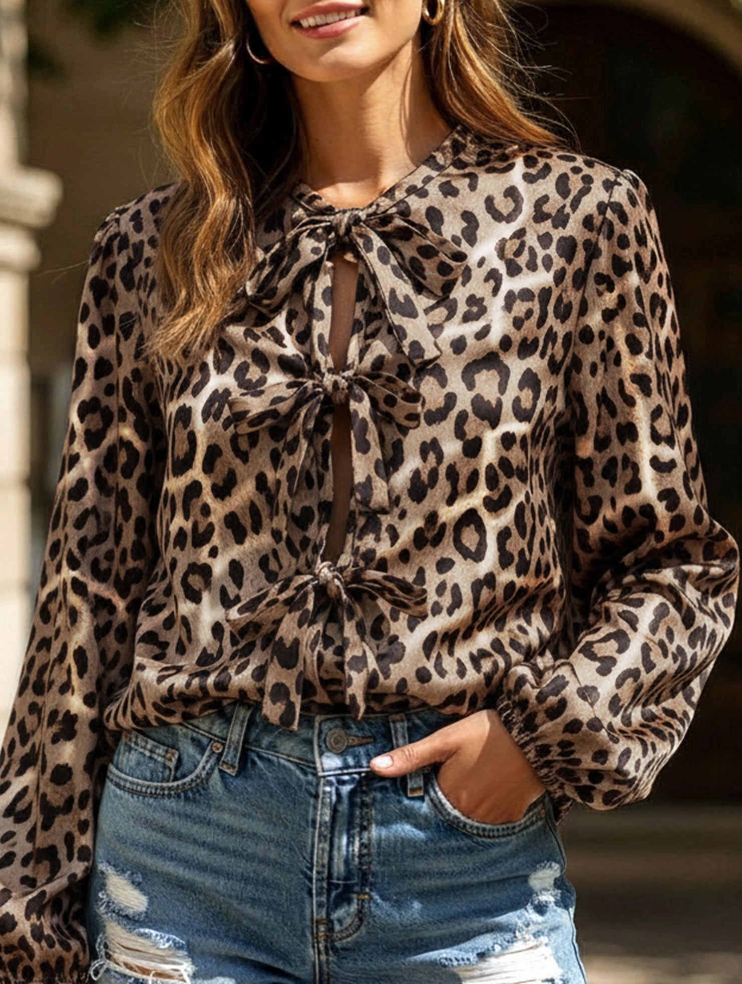 Casual leopard print tie shirt Friction Reducing Finish Stretch Fit Top