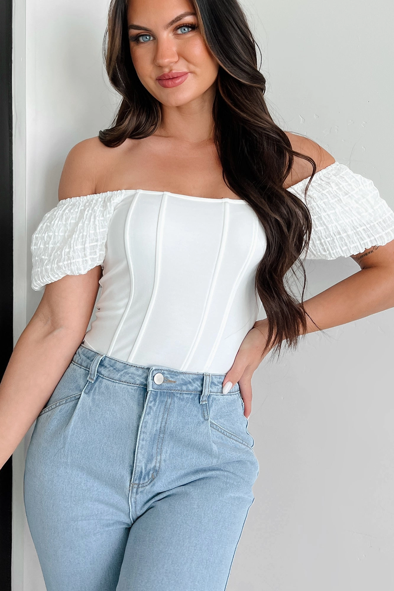 Letting You In Square Neck Corset Knit Bodysuit (Off White) High Collar Option Compact Thermal Insulation