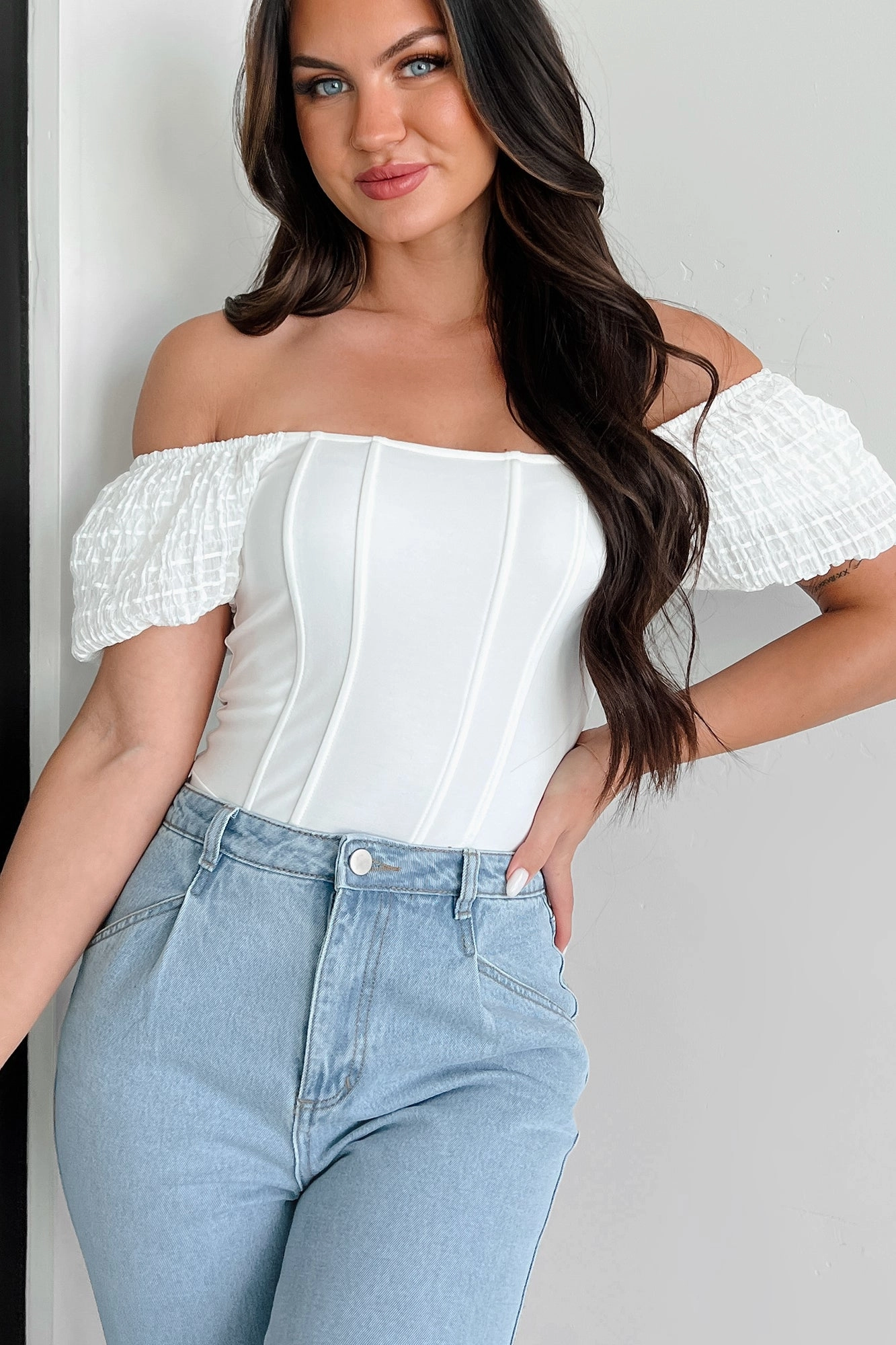 EcoFriendly Dye Letting You In Square Neck Corset Knit Bodysuit (Off White)