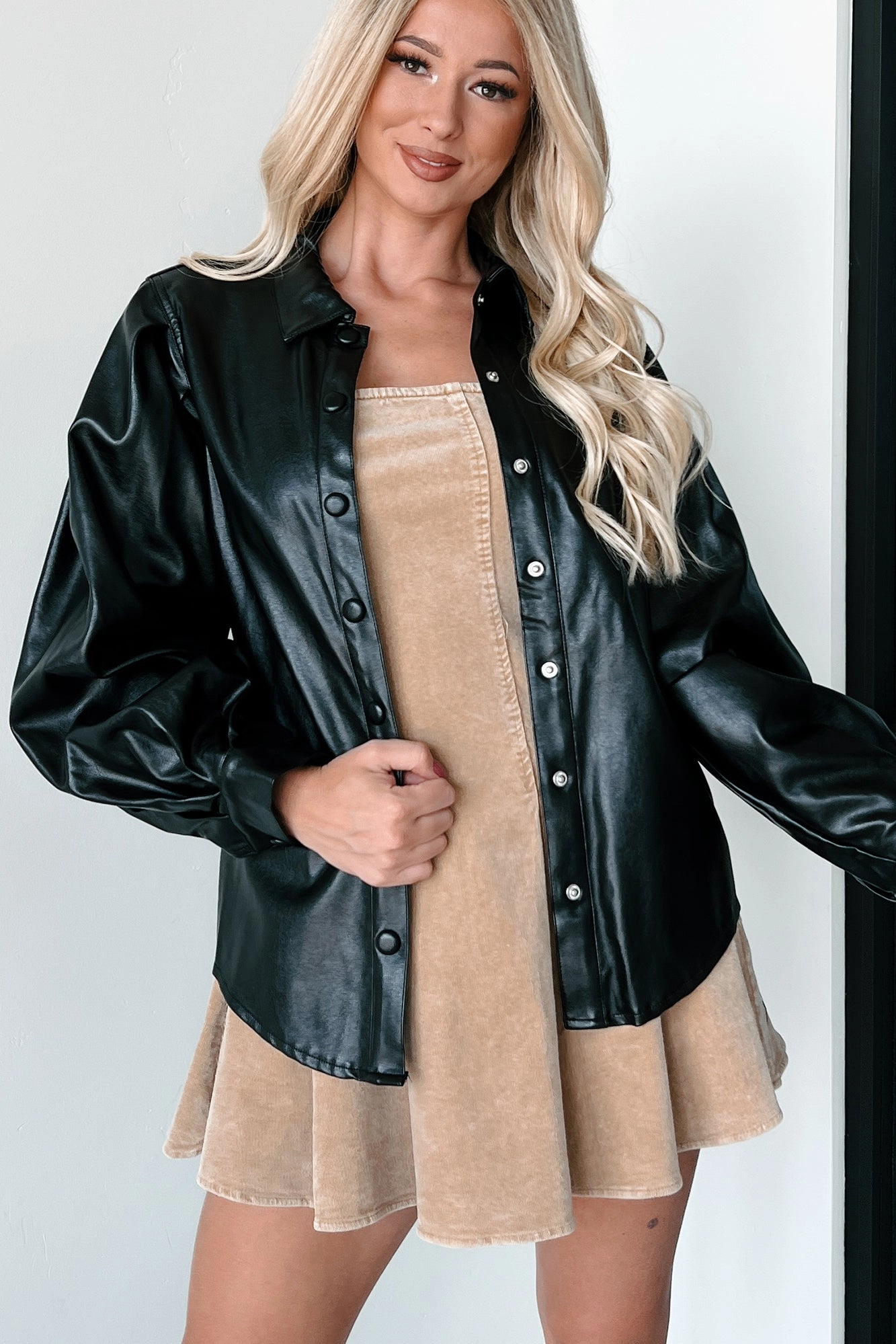Loose Blouse StretchFit Adding Complications Faux Leather Shacket (Black)