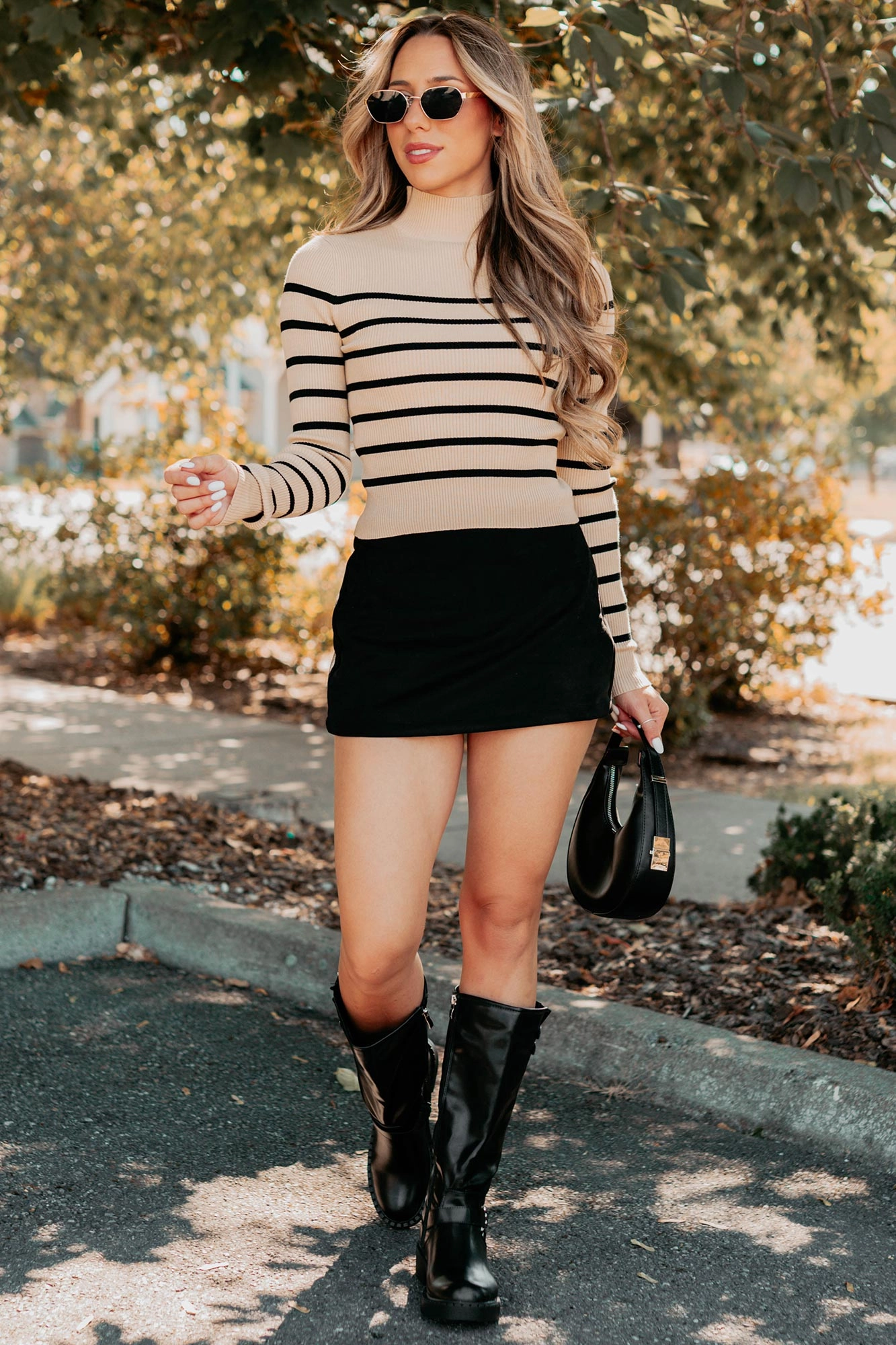 Blissful Rest Striped Mock Neck Sweater Top (Taupe/Black) TaglessDesign HiddenZipper