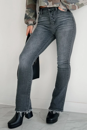 Very Vague High Rise Button-Fly Bootcut Kancan Jeans (Grey) Comfortable Layers Comfy Waistband