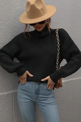 Hidden Pocket Design TURTLE NECK LOOSE SLEEVE KNIT SWEATER