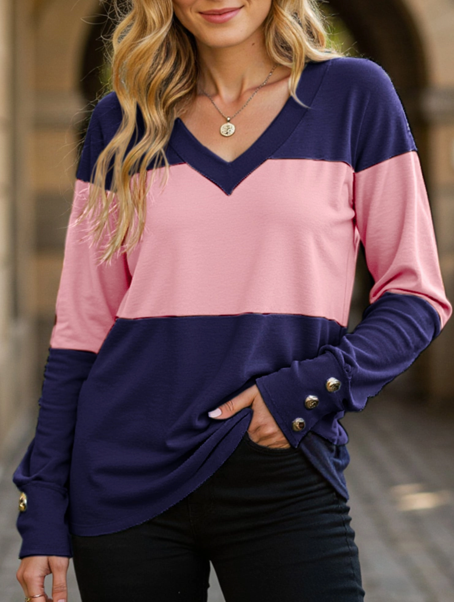 V-neck casual colorblock long-sleeved T-shirt Biodegradable Fiber Composition