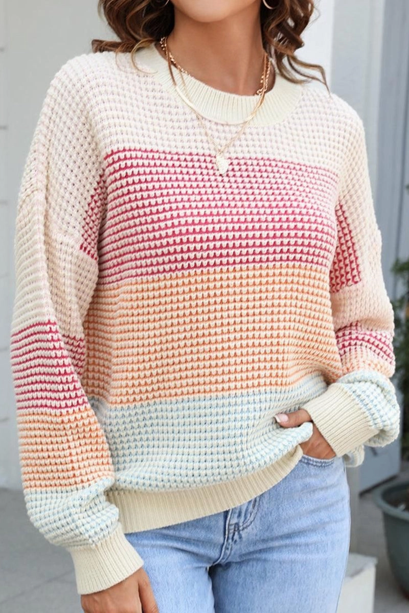 Eco Friendly Blend MoistureWicking Material WOMEN WAFFLE KNITTED COLOR BLOCK OVERSIZED SWEATER