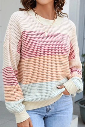 Eco Friendly Blend MoistureWicking Material WOMEN WAFFLE KNITTED COLOR BLOCK OVERSIZED SWEATER
