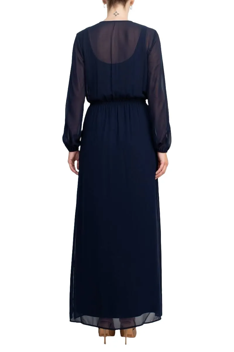 Adrianna Papell V-Neck Illusion Elastic Cuff Long Sleeve Slit Side Chiffon Dress