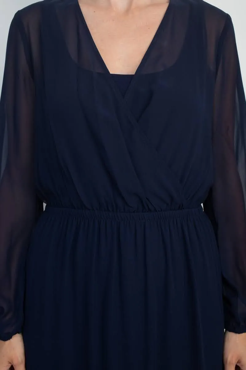 Adrianna Papell V-Neck Illusion Elastic Cuff Long Sleeve Slit Side Chiffon Dress