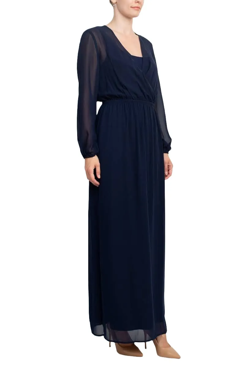 Adrianna Papell V-Neck Illusion Elastic Cuff Long Sleeve Slit Side Chiffon Dress
