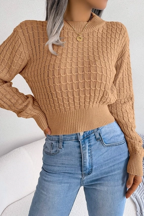 TWIST CHUNKY CABLE KNIT RIBBED CROP SWEATSHIRT Simple Pullover NonChafeCollarTech