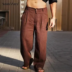 Aidase Fall Leisure Loose Straight Trousers Mens Casual Loose Solid Color Cotton Linen Pants Men Vintage Mid Waist Linen Trousers