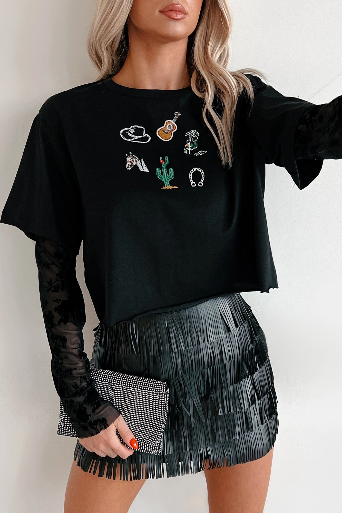 Ain't She Something Velvet Sleeve Western Tee (Black) Non Slip Shoulder Seams Low Profile Collar