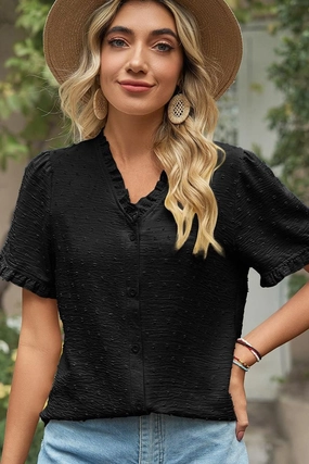 StretchKnit LACE V NECK PRINCESS SLEEVES CHIFFON DOT BLOUSE