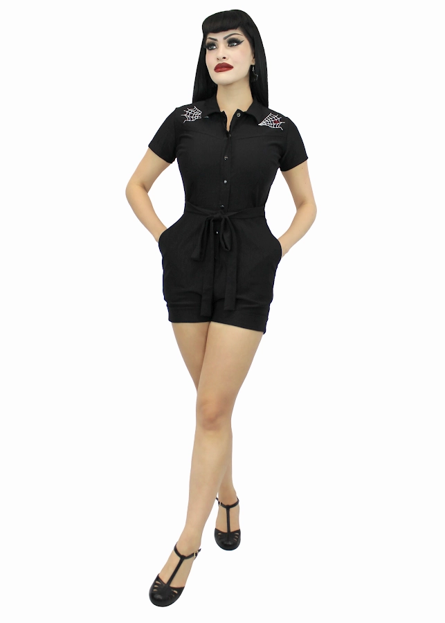 Stretchy Spiderweb Black Romper With Belt #E-SWBR Body Friendly