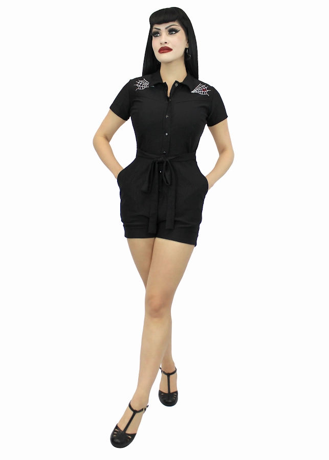 Stretchy Spiderweb Black Romper With Belt #E-SWBR UPF Sun Protection