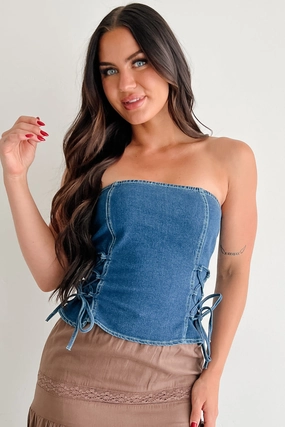 Lipstick & Lethal Strapless Lace-Up Top (Denim) FourWay Stretch Lightweight Blouse