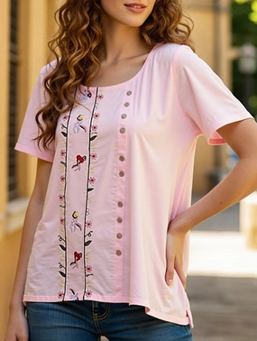 MultiPanelDesign StretchComfortDesign COTTON BREATHABLE LOOSE EMBROIDERED TOP_CWTBLS0658