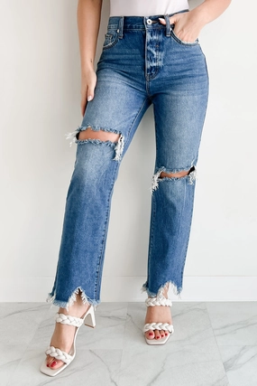 All Purpose Fit Athletic Flex Wear Alexandra Distressed Straight Leg Special A Jeans (Medium Dark)