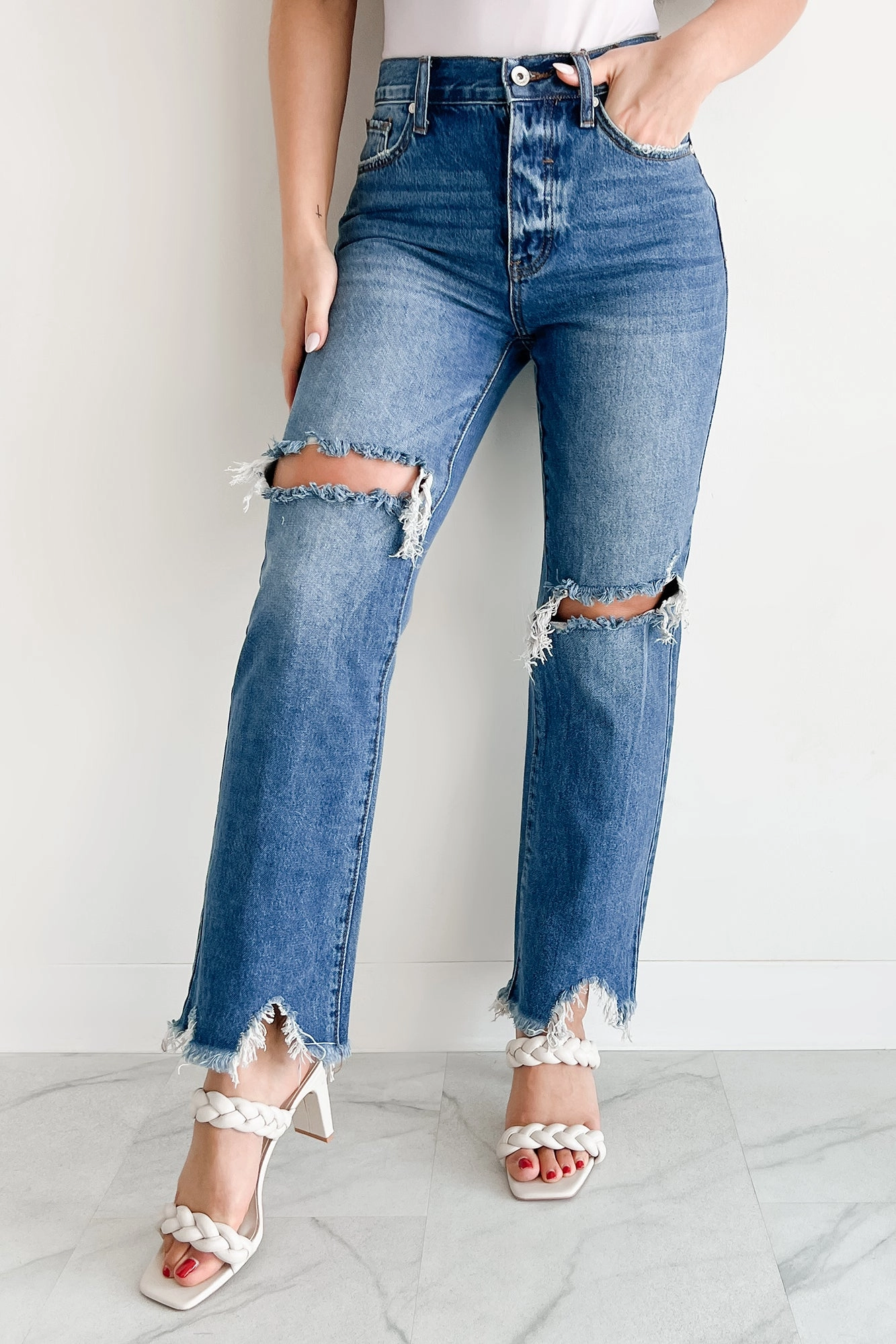 Slim Comfort Alexandra Distressed Straight Leg Special A Jeans (Medium Dark)
