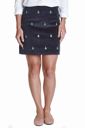 Ali Skirt Corduroy Nantucket Navy With Christmas Tree 19" Reinforced Hems