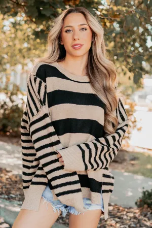 Backseat Glam Long Sleeve Stripe Sweater (Sand Black) Microfiber Technology AllSeason Wearability