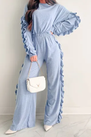 Shape Retention Fabric Minimalist Silhouette Living In My Own Lane Two Piece Ruffle Lounge Set (Blue)