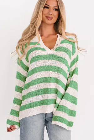 All Dressed Down Striped Knit POL Sweater (Green/Multi) High Collar Option