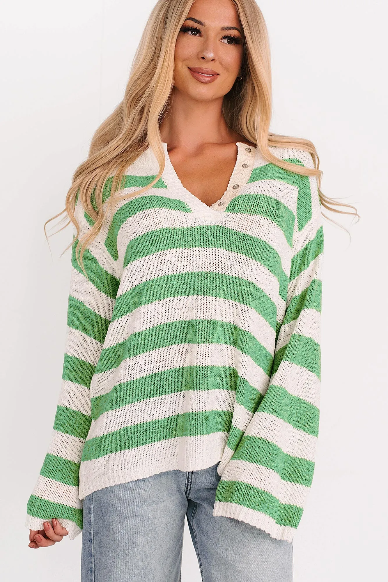 AntiStaticInnerLining All Dressed Down Striped Knit POL Sweater (Green/Multi)