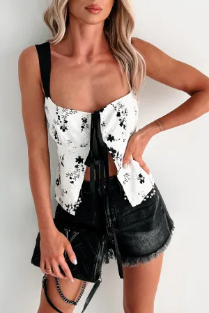 RecycledBlend Cold Weather All The Buzz Eyelet Floral Bow Tie Top (Ivory/Black)