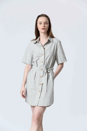 STRIPED BUTTON FRONT DRESS Quilted-Texture ReinforcedHem